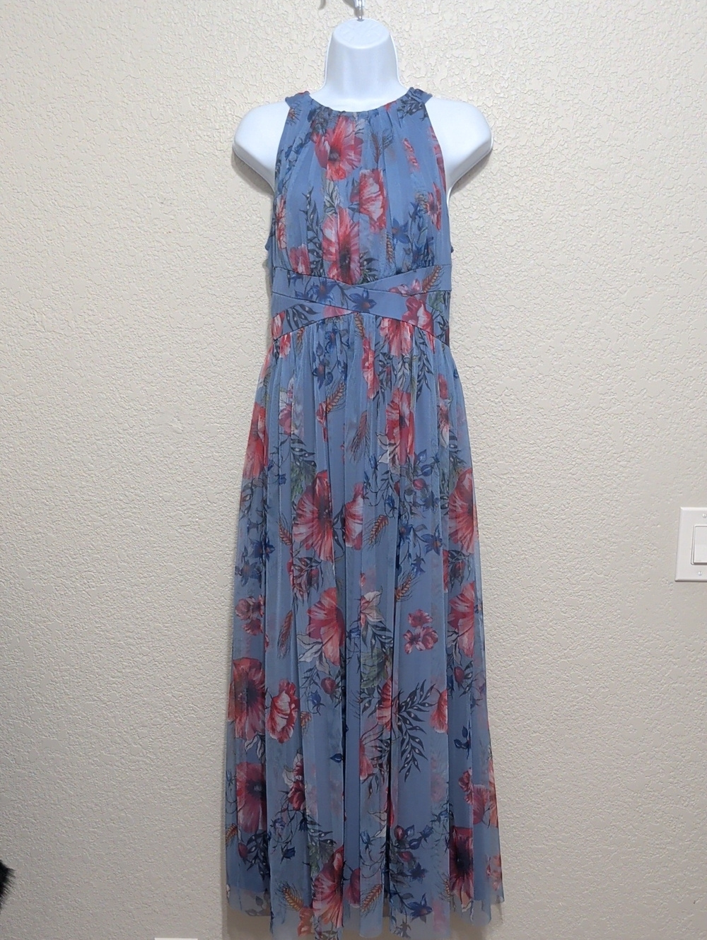 Candalite Petite blue pink floral sleeveless fit and flare maxi dress
